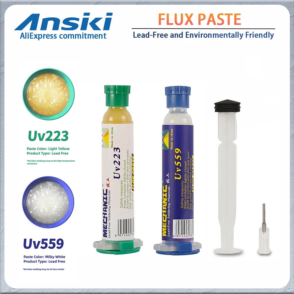 MECHANIC UV223 UV559 Lead-Free Solder Paste Flux NO-Clean Soldering Grease for BGA PCB SMD Welding Fluxes Repair Tools
MECHANIC UV223 UV559 Lead-Free Solder Paste Flux NO-Clean Soldering Grease for BGA PCB SMD Welding Fluxes Repair Tools