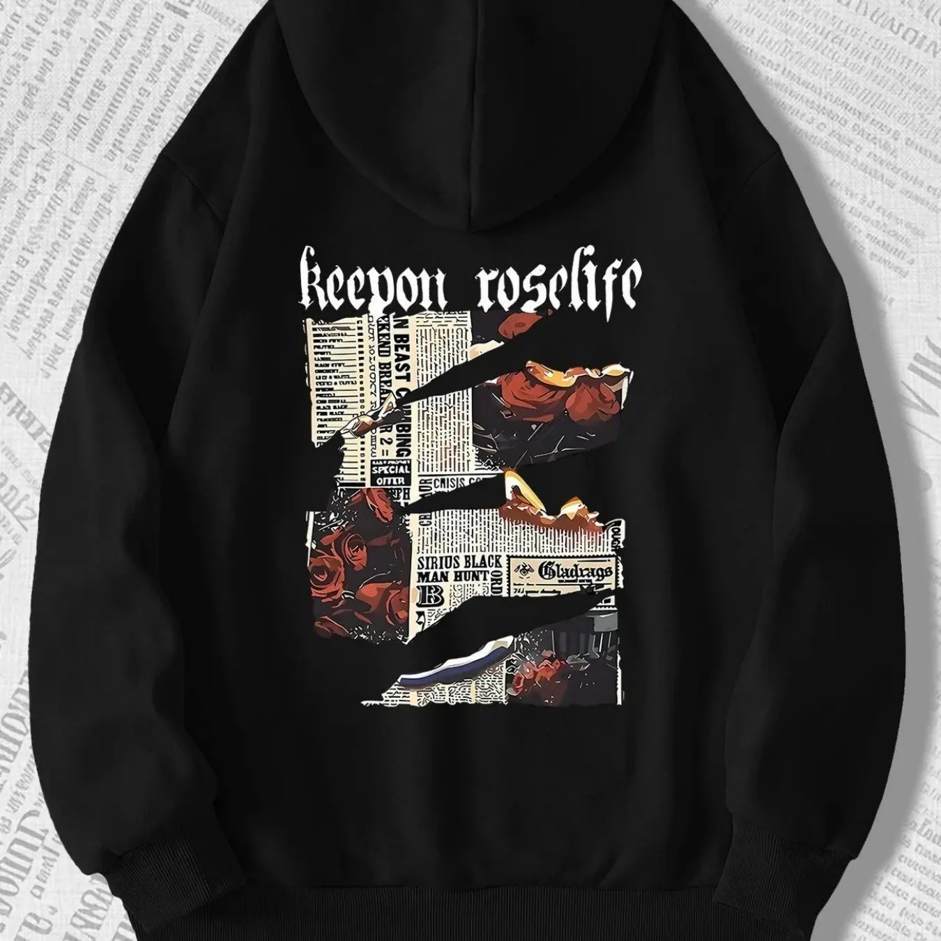 keepon roselife hoodie black white newspaper print 2025 streetwear oversized pullover vintage rose collage with red accents
keepon roselife hoodie black white newspaper print 2025 streetwear oversized pullover vintage rose collage with red accents