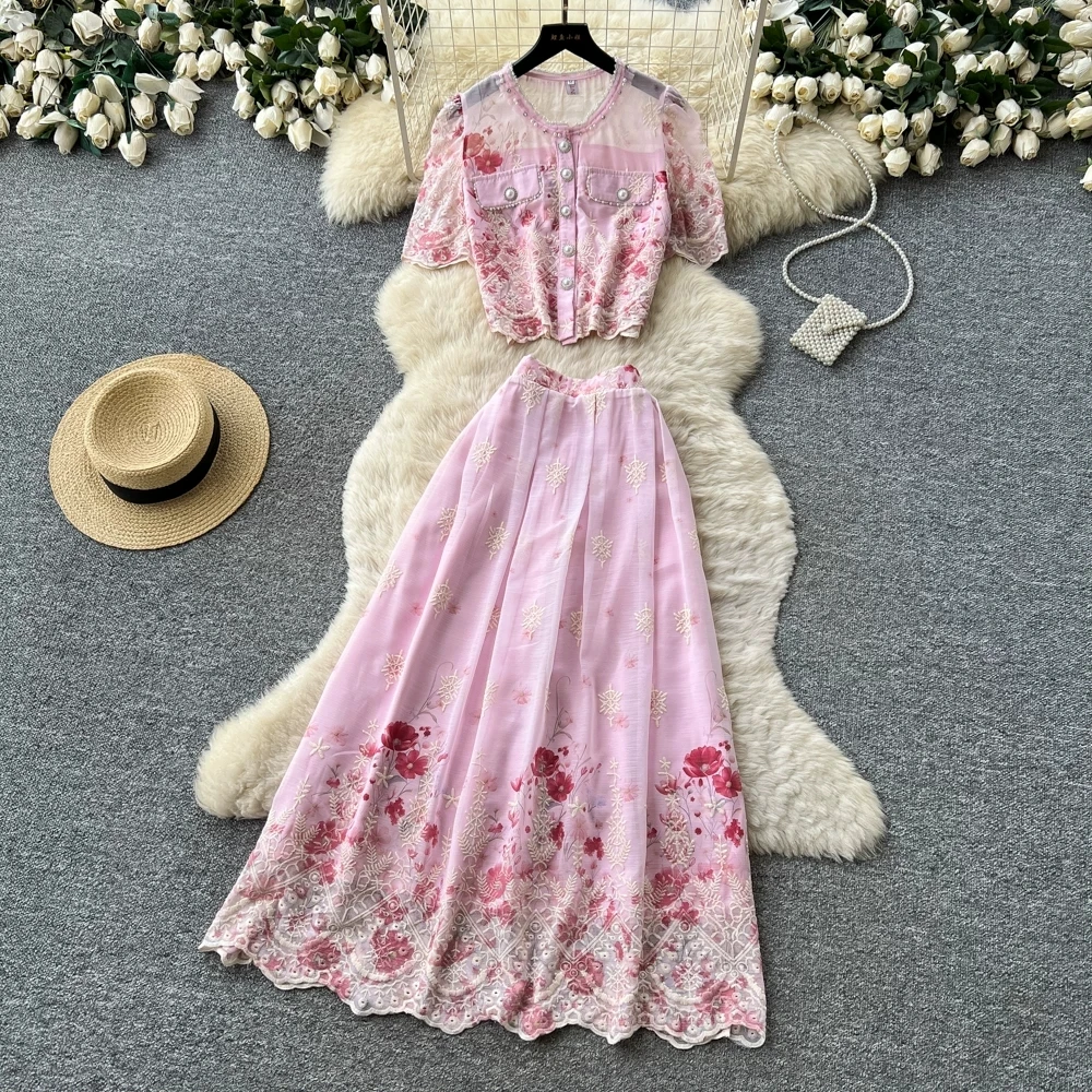 Hollow Out Embroidery Matching Two Piece Set Women Puff Sleeve Diamond Buttons Tops High Waist Long Skirt Summer Beach Outfits
Hollow Out Embroidery Matching Two Piece Set Women Puff Sleeve Diamond Buttons Tops High Waist Long Skirt Summer Beach Outfits