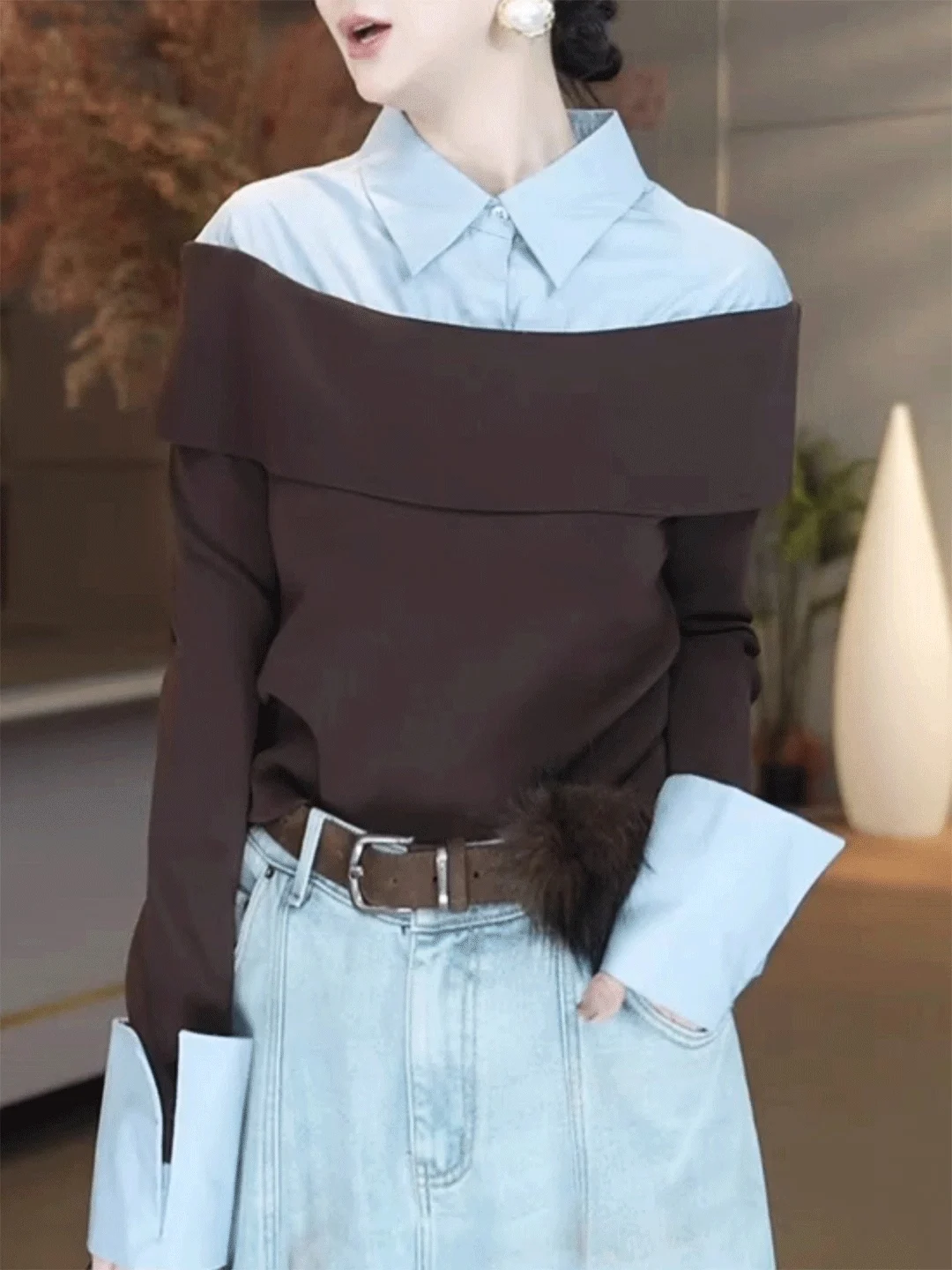 Blue Shirt Design Sensation Fake Two-Piece Unique Lady Personality One-Shoulder Top High Waist Fashion Set for Women Winter W...
Blue Shirt Design Sensation Fake Two-Piece Unique Lady Personality One-Shoulder Top High Waist Fashion Set for Women Winter W...