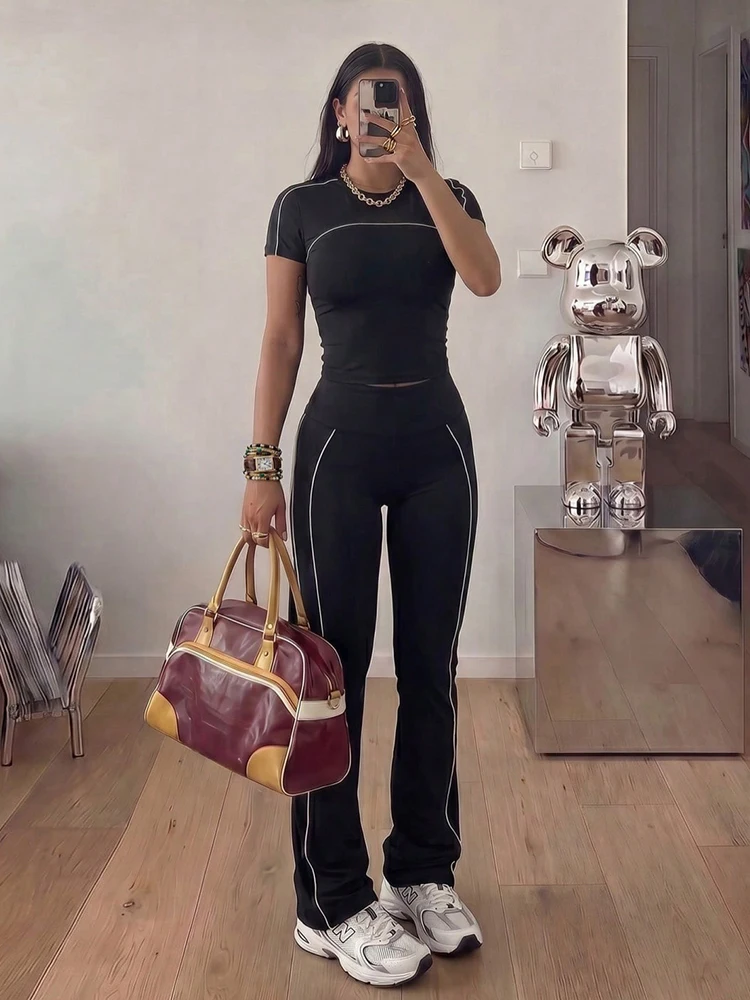 Kliou Casual Fashion 2 Piece Set Woman Line Patchwork o-Neck Short Sleeve Crop Tops+Elastic Waist Long Pants Sporty Style Suits
Kliou Casual Fashion 2 Piece Set Woman Line Patchwork o-Neck Short Sleeve Crop Tops+Elastic Waist Long Pants Sporty Style Suits