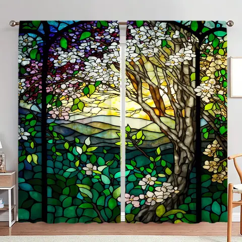 Cortina impresa para ventana de árbol de vitral, 2 uds., para decoración del hogar, tratamiento de ventana con bolsillo para barra para dormitorio, oficina, cocina