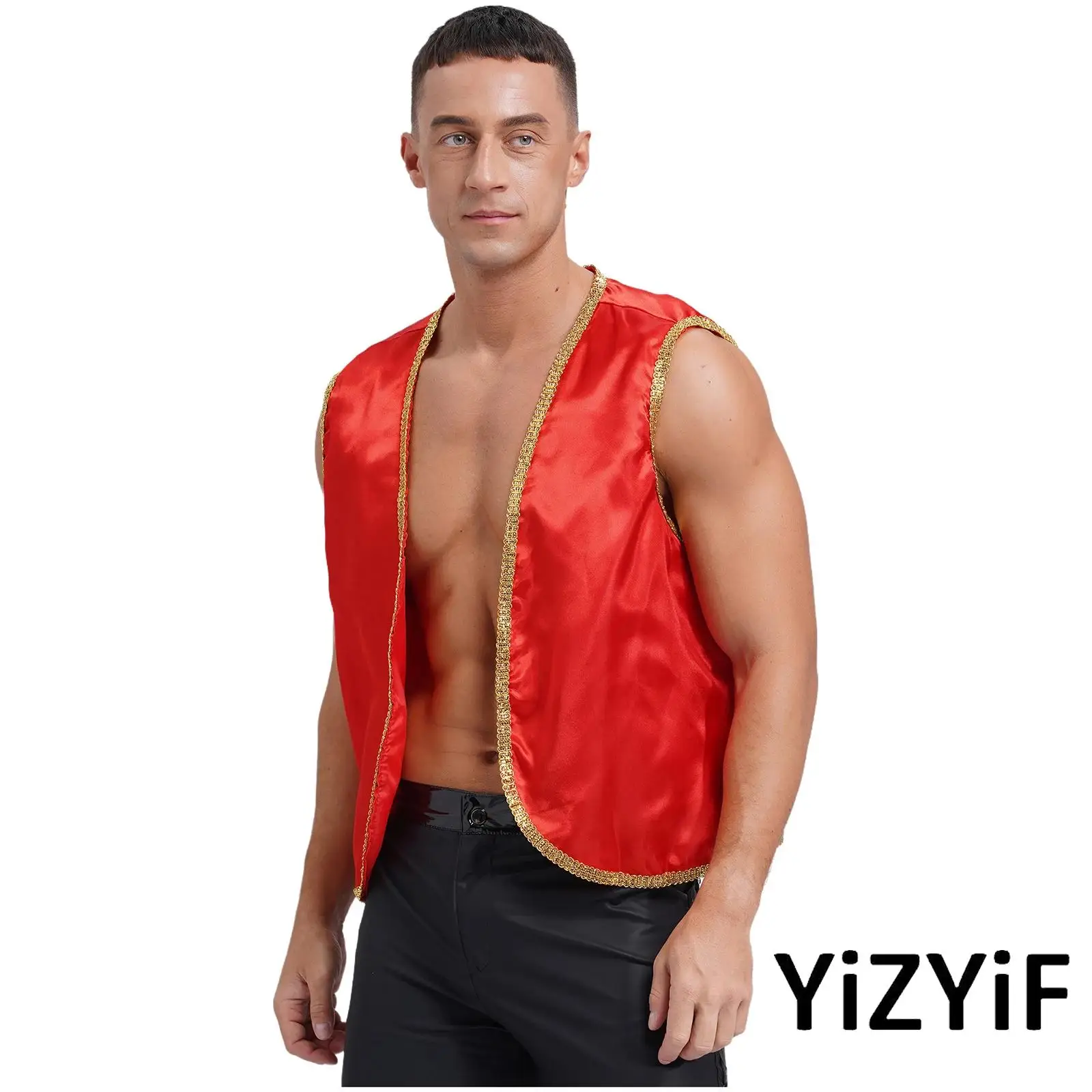 Mens Arabian Prince Costume Deluxe Gold Trim Vest Open Front Curved Waistcoat for Halloween Carnival Cosplay Themed Party
Mens Arabian Prince Costume Deluxe Gold Trim Vest Open Front Curved Waistcoat for Halloween Carnival Cosplay Themed Party
