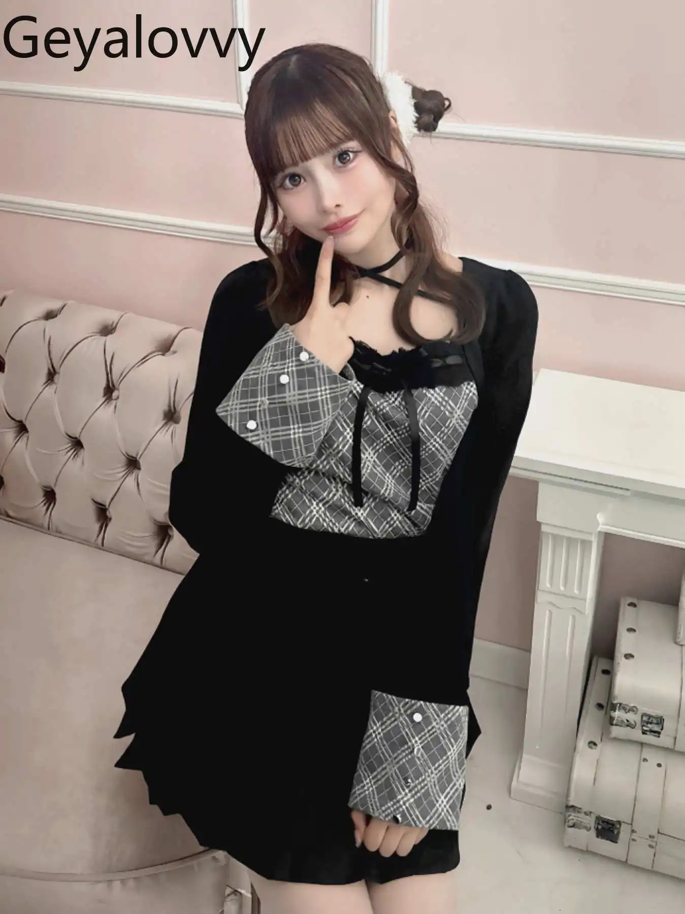 Japanese Style2026 Spring New Arrival Elegant Sweet Girls Halter Long Sleeves Shirt Versatile Plaid Patchwork Lace Tops
Japanese Style2026 Spring New Arrival Elegant Sweet Girls Halter Long Sleeves Shirt Versatile Plaid Patchwork Lace Tops