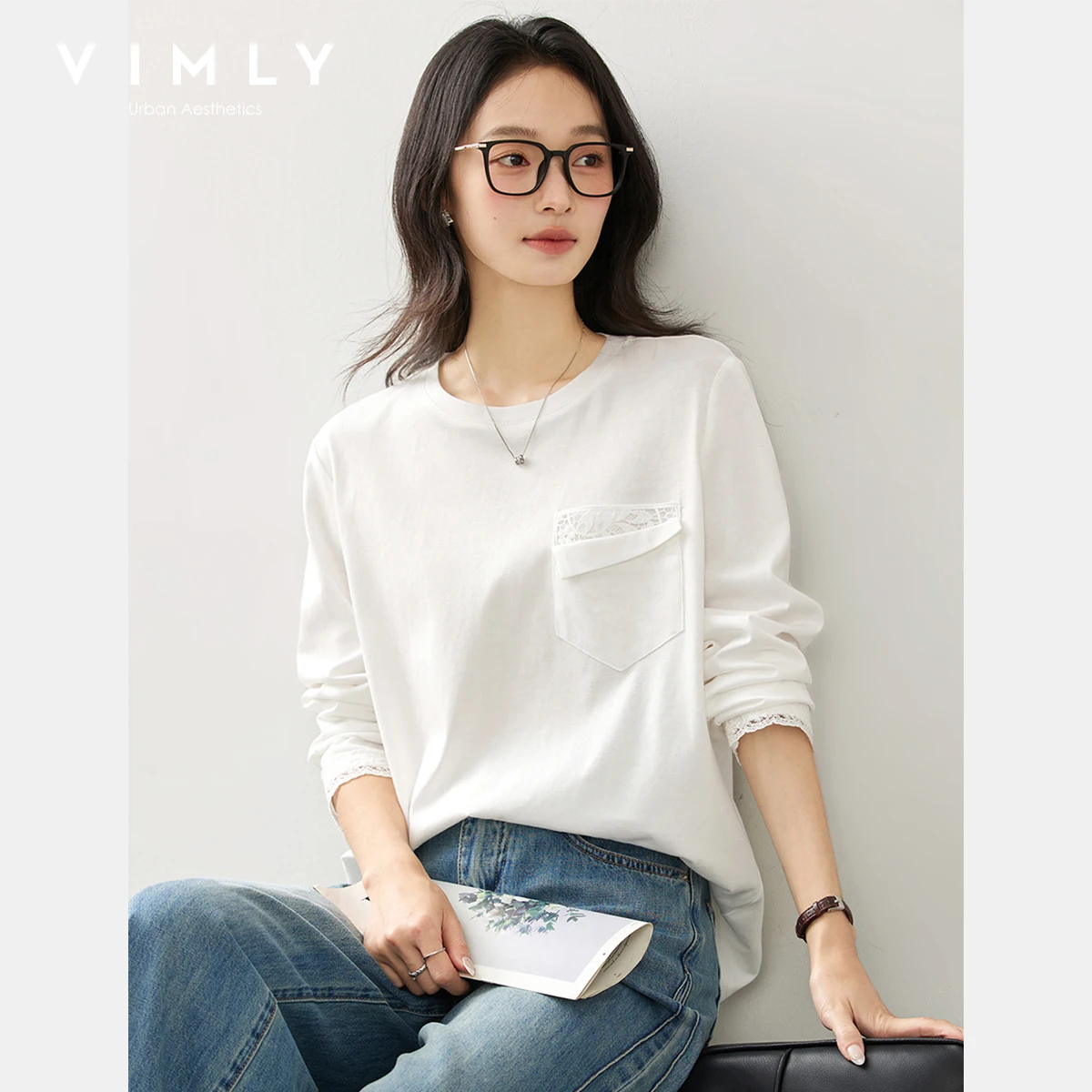 VIMLY White Knitted T-shirts Women 2025 Autumn Long Sleeve Lace Pocket Splicing Top Loose Lace Cuff Round Neck Woman Tees A2098
VIMLY White Knitted T-shirts Women 2025 Autumn Long Sleeve Lace Pocket Splicing Top Loose Lace Cuff Round Neck Woman Tees A2098