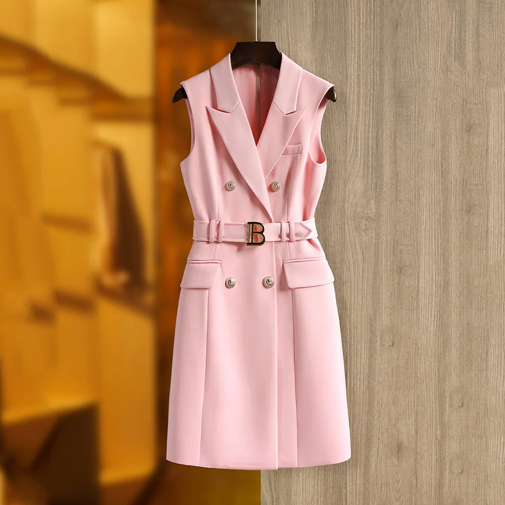 Lady Elegant Style Sleeveless Office Wear Notched Double-breasted Straight Cutting Women Solid Blazer Dress With Belt
Lady Elegant Style Sleeveless Office Wear Notched Double-breasted Straight Cutting Women Solid Blazer Dress With Belt