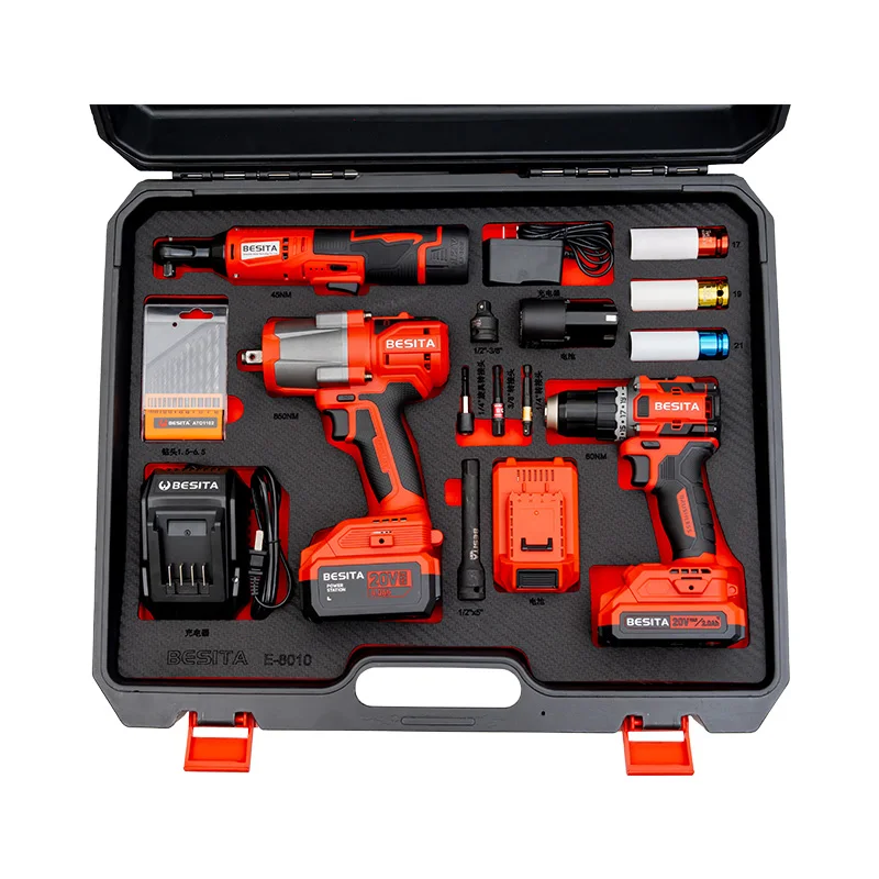 Hot Selling Mechanical Auto Repair Electric Drill Impact Wrench Ratchet Wrench Three-in-one Brushless Lithium Battery Tool Set
Hot Selling Mechanical Auto Repair Electric Drill Impact Wrench Ratchet Wrench Three-in-one Brushless Lithium Battery Tool Set