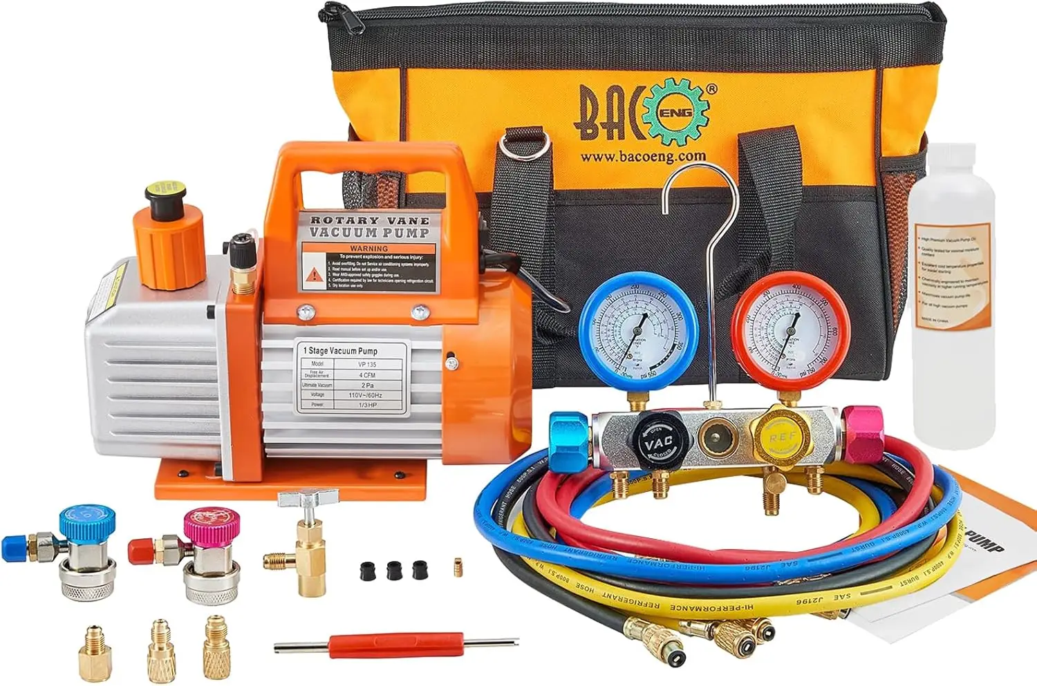 4CFM AC Vacuum Pump & Gauge Set for HVAC, R134a R410a R22, 4 Way Manifold with Hoses & Couplers
4CFM AC Vacuum Pump & Gauge Set for HVAC, R134a R410a R22, 4 Way Manifold with Hoses & Couplers