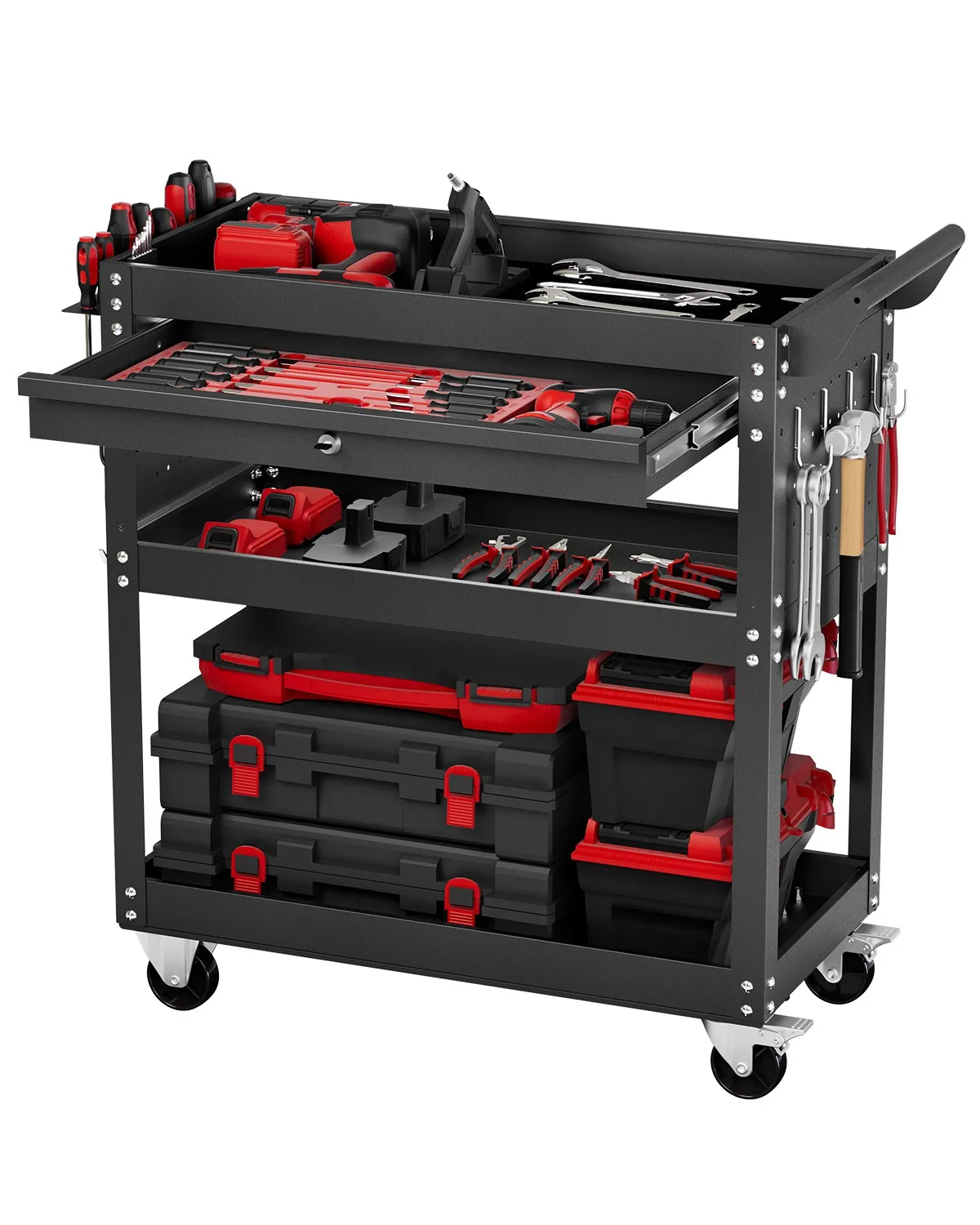 4-Tier Tool Cart on Wheels 350 lb Rolling Work Cart with Drawer & Pegboard
4-Tier Tool Cart on Wheels 350 lb Rolling Work Cart with Drawer & Pegboard