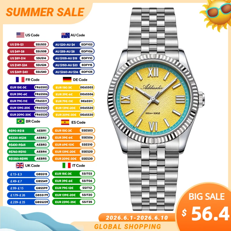ADDIESDIVE New Man Watch Luxury Sapphire Mirror Japan VH31 Quartz Wristwatch 36mm Luminous Stainless Steel 100m Waterproof Watch
ADDIESDIVE New Man Watch Luxury Sapphire Mirror Japan VH31 Quartz Wristwatch 36mm Luminous Stainless Steel 100m Waterproof Watch