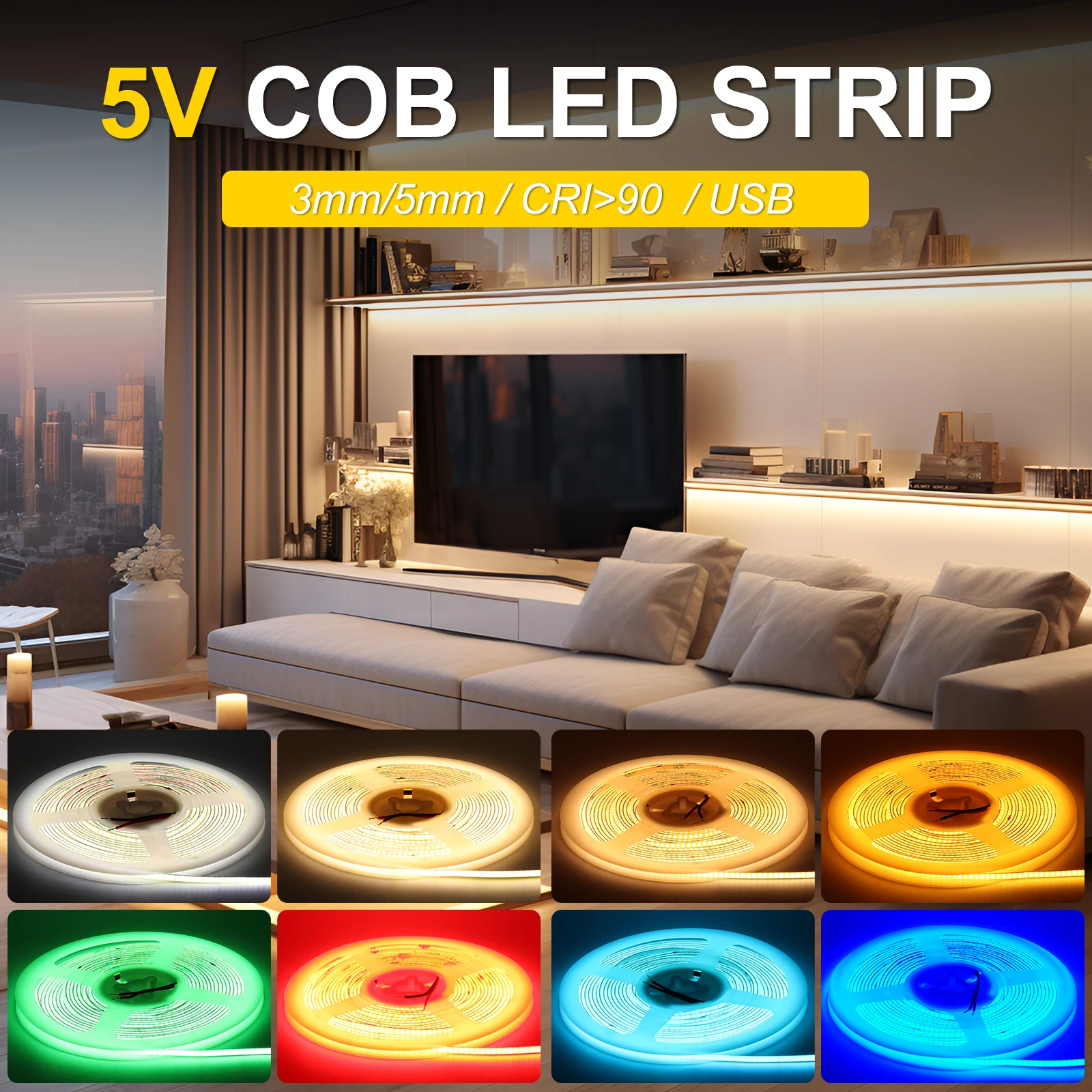 DC 5V USB COB Strip 3MM 5MM White/Pink/Red/Golden Yellow/Blue/Cold Blue/Green Flexible Ribbon Rope Home Decor TV Backlight
DC 5V USB COB Strip 3MM 5MM White/Pink/Red/Golden Yellow/Blue/Cold Blue/Green Flexible Ribbon Rope Home Decor TV Backlight