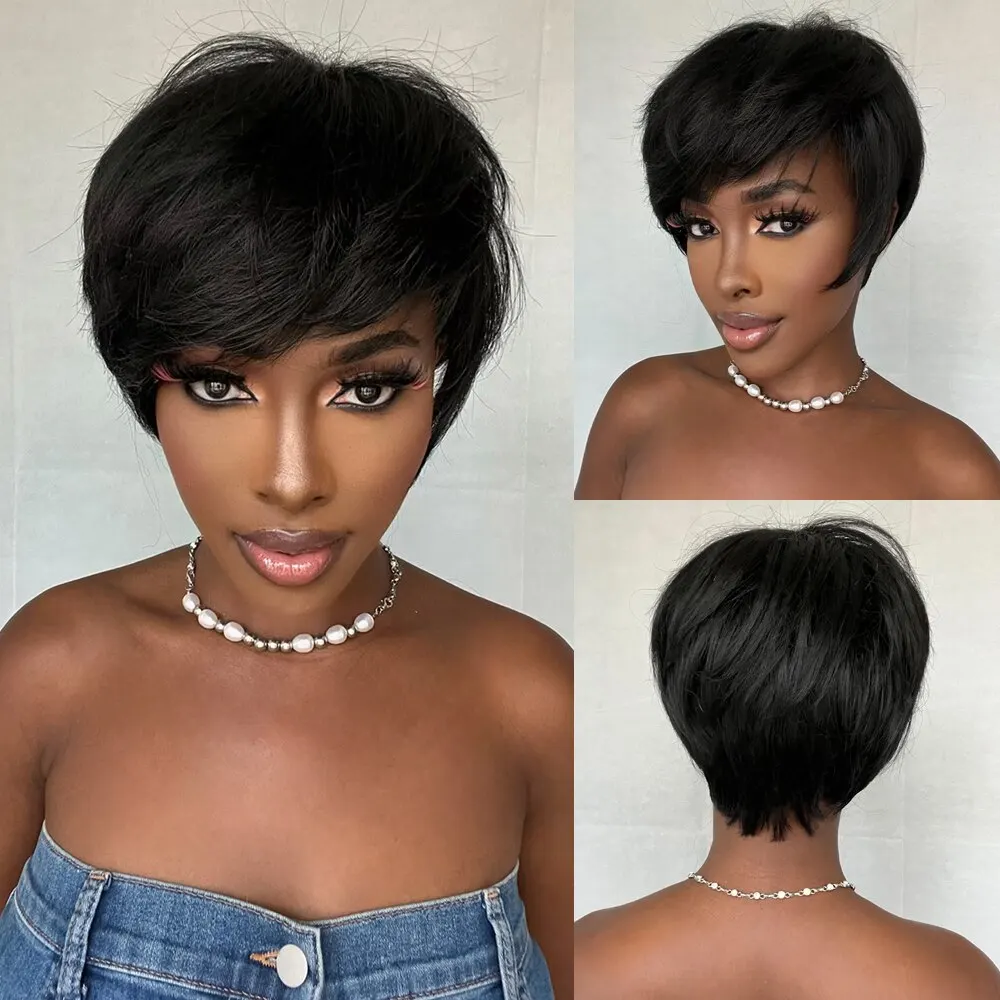 Synthetic Straight Black Wig Short Pixie Cut Wig with Side Bangs for Black Women Afro Cosplay Daily Heat Resistant Fiber Hair
Synthetic Straight Black Wig Short Pixie Cut Wig with Side Bangs for Black Women Afro Cosplay Daily Heat Resistant Fiber Hair