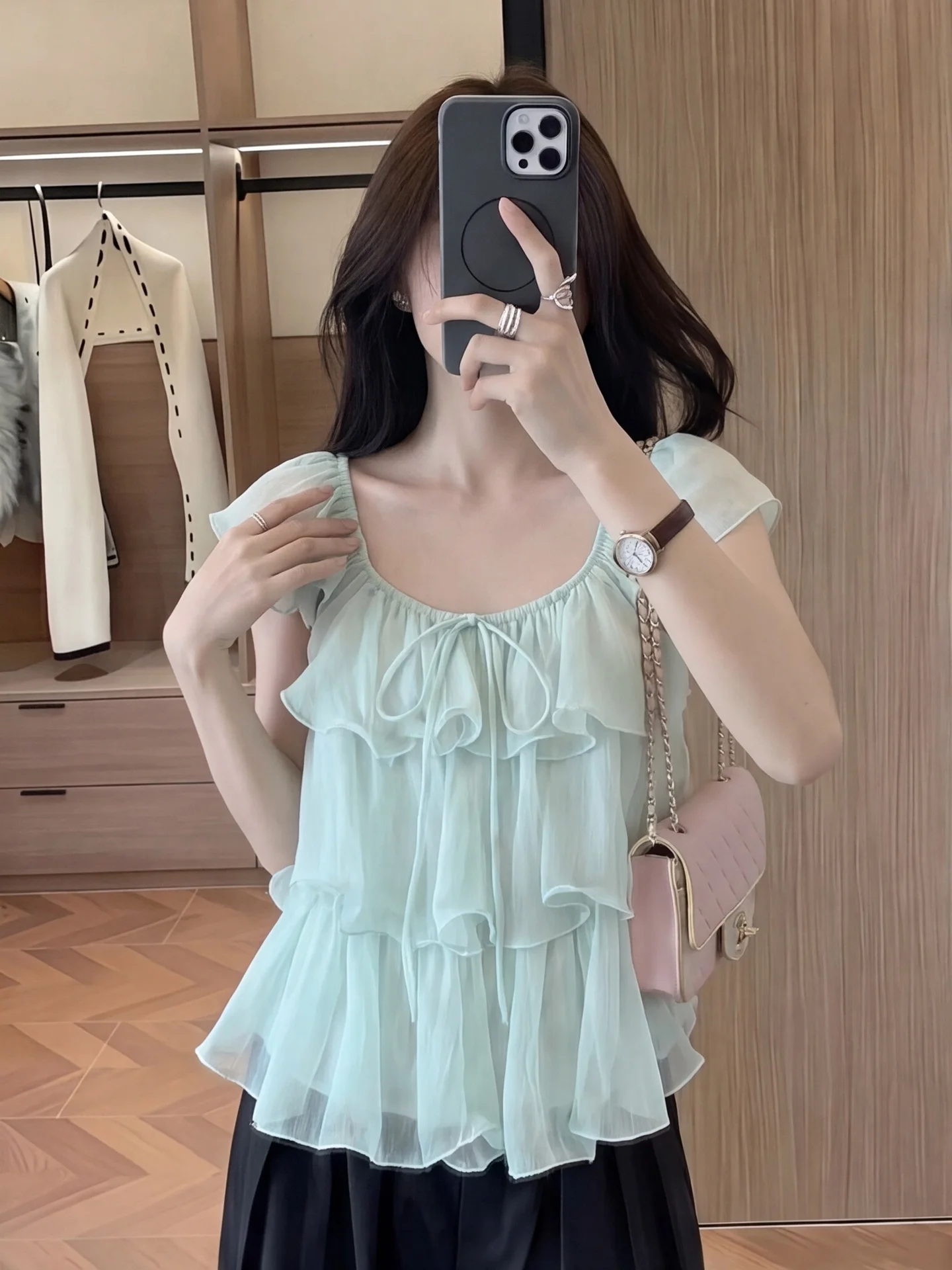 Mint Green Multi-Layer Lace Trim Women's Top Summer 2026 Sweet Style Princess Loose Fit Short Sleeve Polyester Snowflake
Mint Green Multi-Layer Lace Trim Women's Top Summer 2026 Sweet Style Princess Loose Fit Short Sleeve Polyester Snowflake