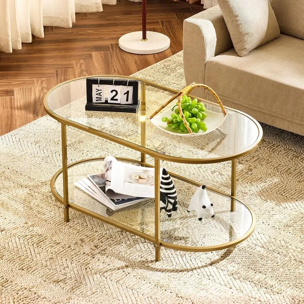 38 Oval Glass Coffee Table with 2-Tier Storage for Living Room, Office, or Balcony in Matte Gold Finish
38 Oval Glass Coffee Table with 2-Tier Storage for Living Room, Office, or Balcony in Matte Gold Finish