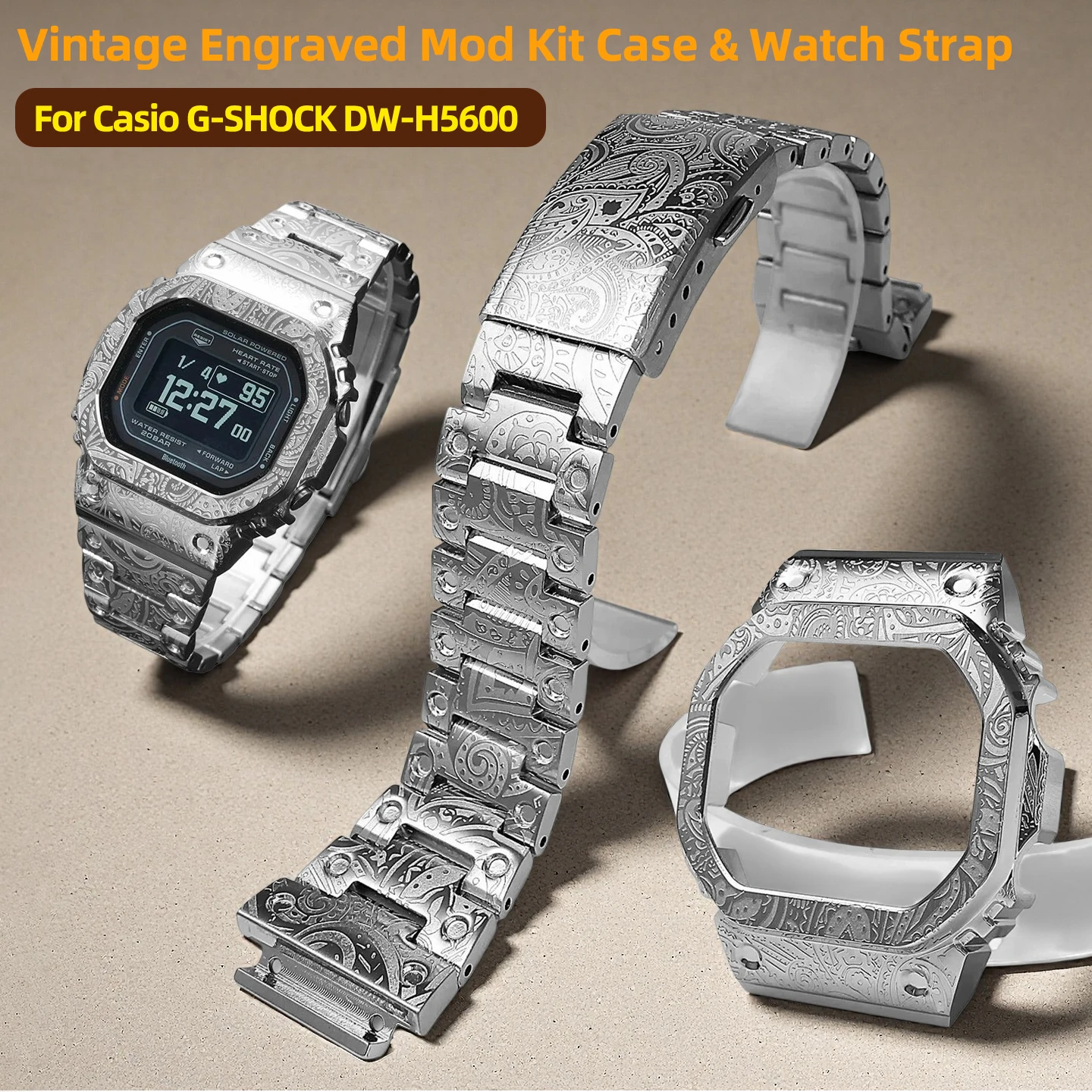 Винтажный гравированный мод-комплект для Casio G-SHOCK DW-H5600: маленький квадратный корпус из цельной нержавеющей стали и ремешок для часов, мужские аксессуары
Винтажный гравированный мод-комплект для Casio G-SHOCK DW-H5600: маленький квадратный корпус из цельной нержавеющей стали и ремешок для часов, мужские аксессуары