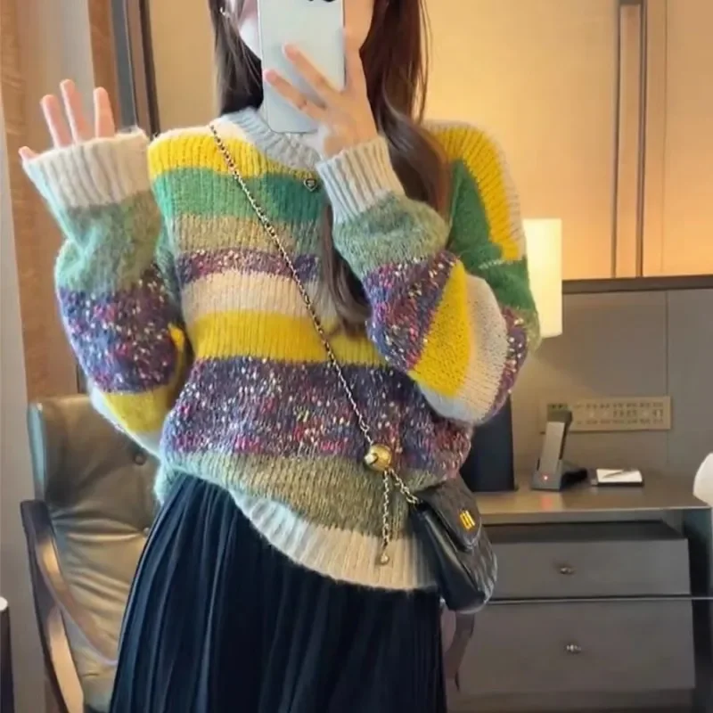 Color striped color matching sweater women's loose round neck knitted bottoming shirt casual pullover in autumn and winter
Color striped color matching sweater women's loose round neck knitted bottoming shirt casual pullover in autumn and winter