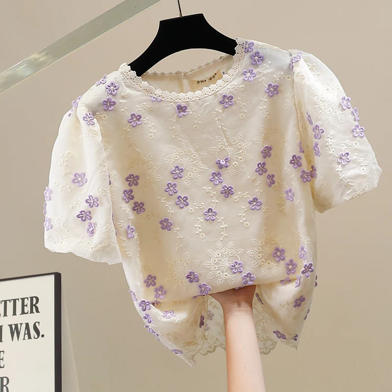 Faionable Heavy Embroidery Flower Decorated round Ne Bubble Sve Loose irt New Design Trendy Top Women's Bamboo Cotton
Faionable Heavy Embroidery Flower Decorated round Ne Bubble Sve Loose irt New Design Trendy Top Women's Bamboo Cotton
