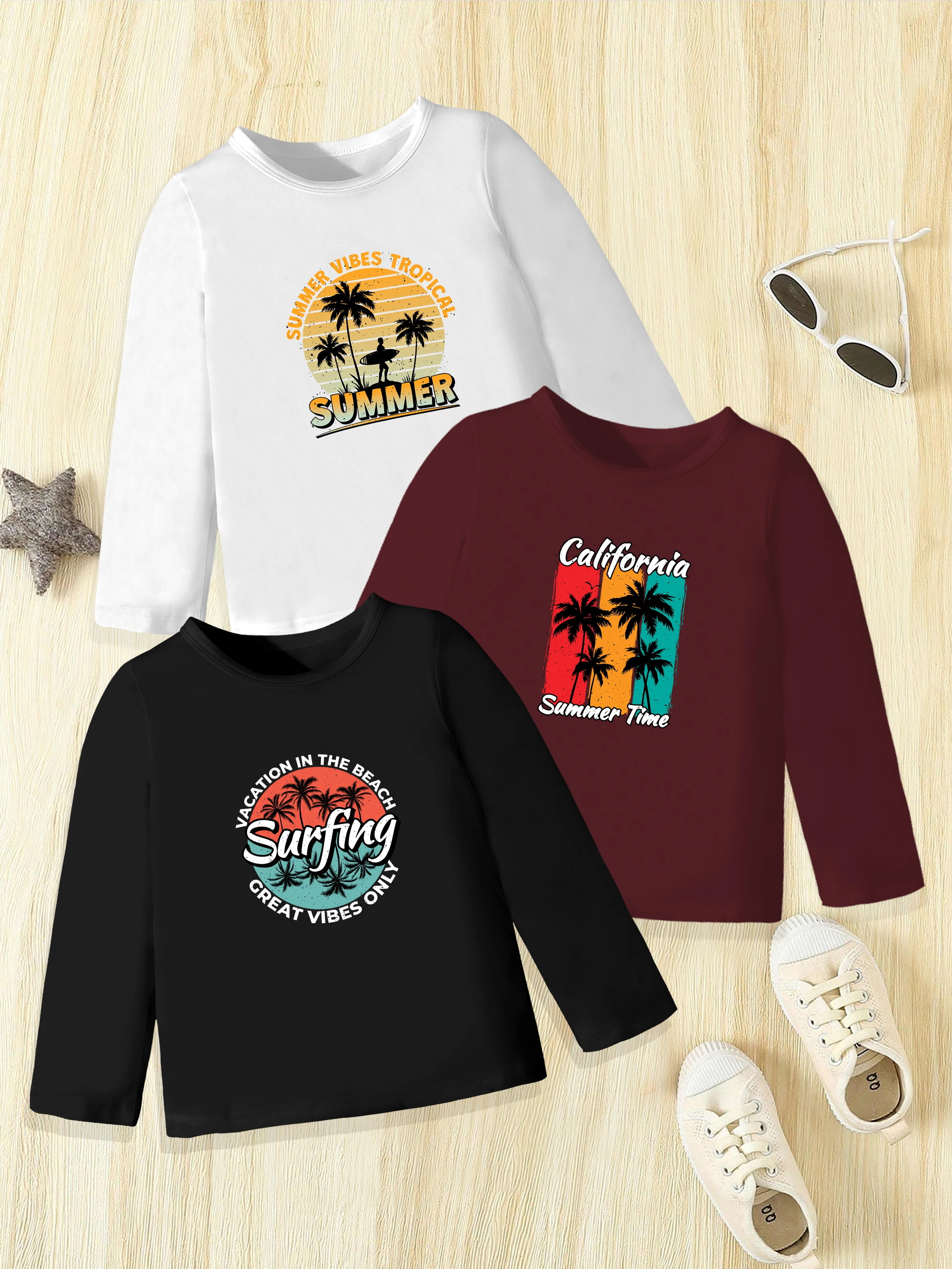 3 шт.: осенняя повседневная майка с мультяшным кокосовым пальмом, закатом и английским принтом для мальчиков
3 шт.: осенняя повседневная майка с мультяшным кокосовым пальмом, закатом и английским принтом для мальчиков