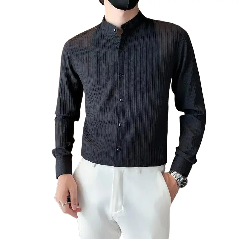 New Elastic No-iron Long Sleeve Shirt Men's Wear Men's Stand-up Collar Striped Shirt Advanced Sense Korean Hair Stylist Trend
New Elastic No-iron Long Sleeve Shirt Men's Wear Men's Stand-up Collar Striped Shirt Advanced Sense Korean Hair Stylist Trend