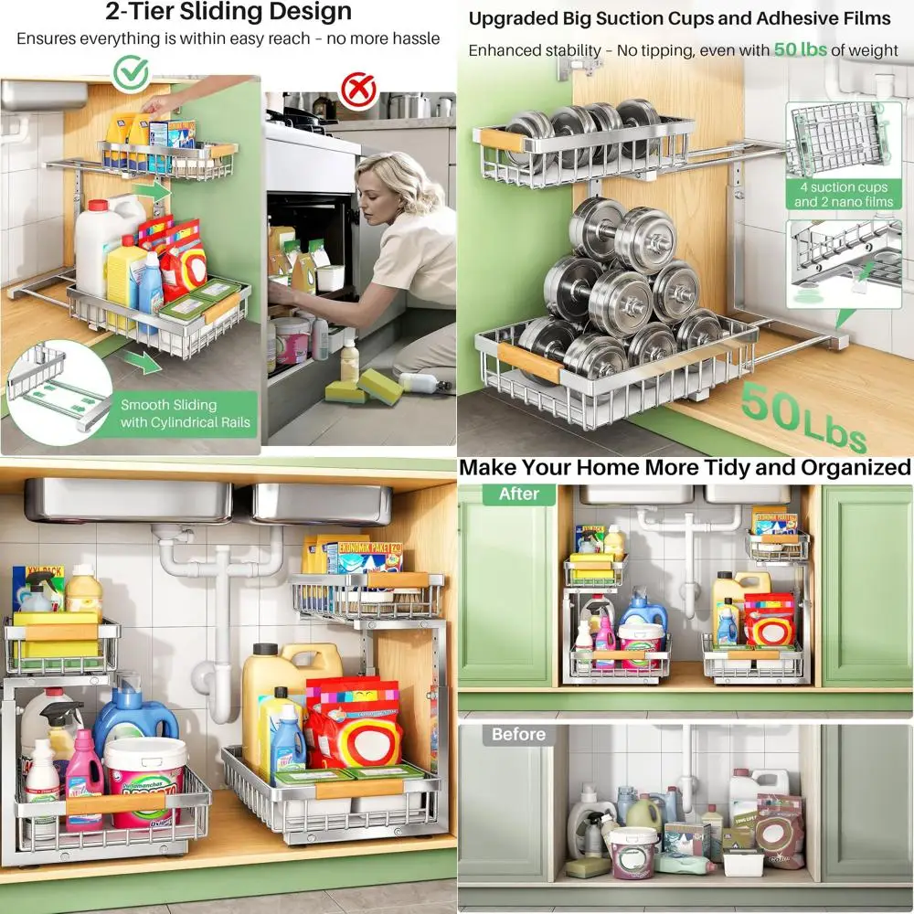 2-Tier Stainless Steel Under Sink Organizers - Pull-Out Storage Racks for Kitchen and Bathroom Cabinet Organization
2-Tier Stainless Steel Under Sink Organizers - Pull-Out Storage Racks for Kitchen and Bathroom Cabinet Organization