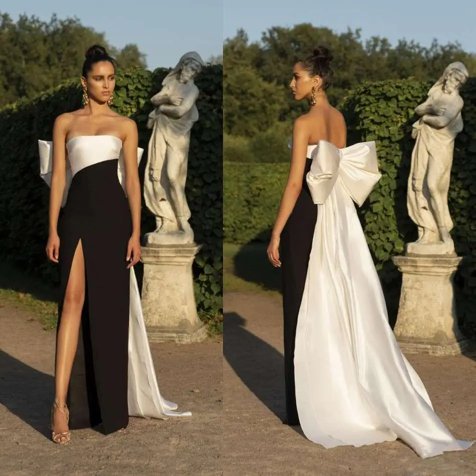 Sexy Strapless A-line Evening Dresses Ivory And Black High Side Split Floor Length Formal Dress Prom Party Gowns With Big Bow
Sexy Strapless A-line Evening Dresses Ivory And Black High Side Split Floor Length Formal Dress Prom Party Gowns With Big Bow