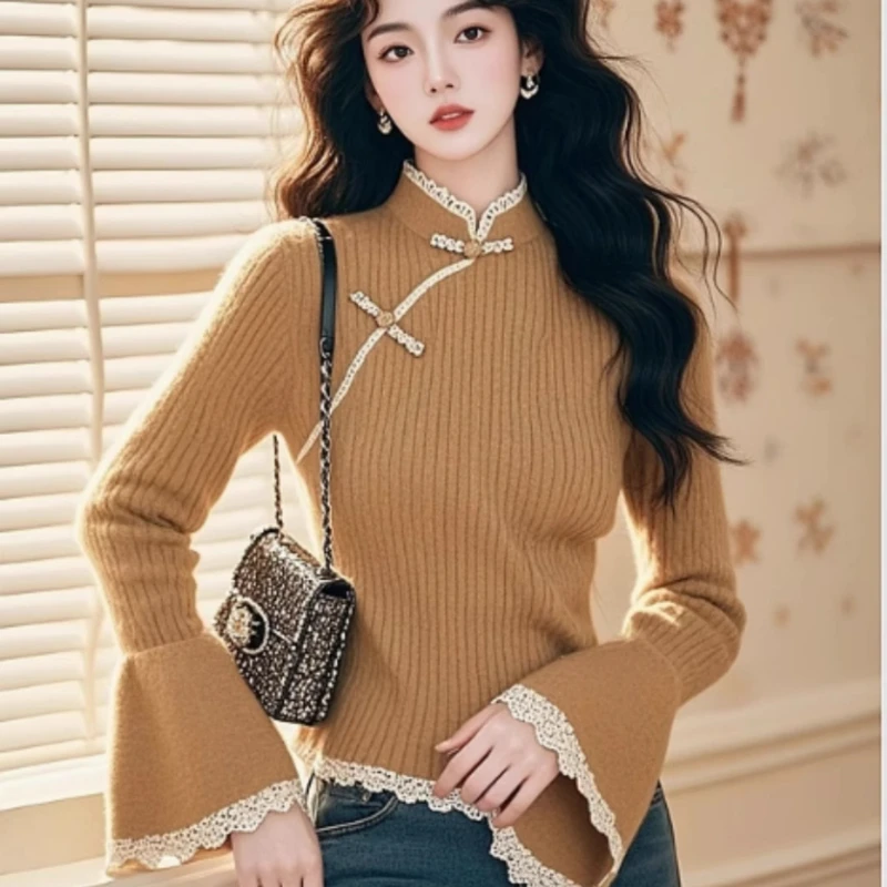 Chinese Style Vintage Women Lace Patchwork Knitted Flare Sleeve Sweater , Woman Female Knitting Sweaters
Chinese Style Vintage Women Lace Patchwork Knitted Flare Sleeve Sweater , Woman Female Knitting Sweaters