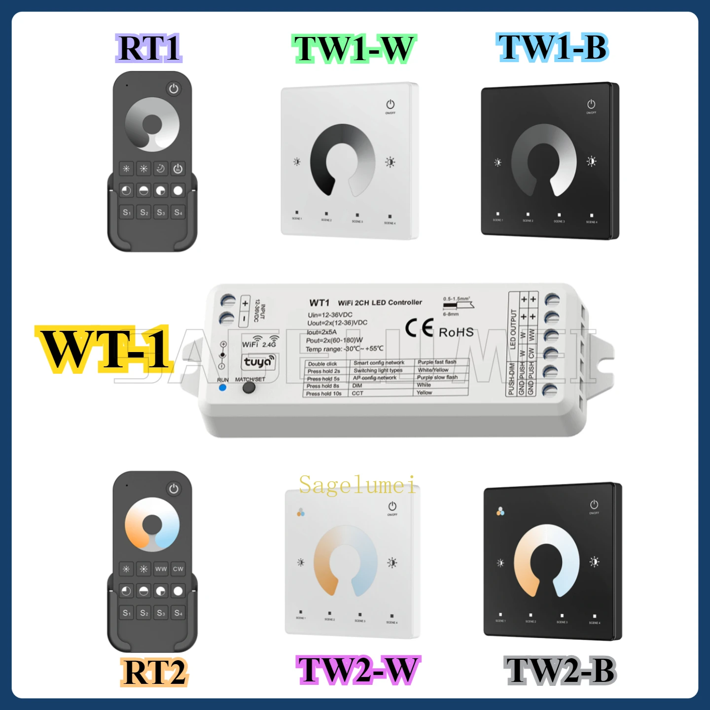 WT1 RT1/2 TW1/2 Tuya WiFi LED Dimmer Controller DC12V-36V 2CH Smart 2.4G RF Wireless Remote Dimming Switch WW CW CCT Controller
WT1 RT1/2 TW1/2 Tuya WiFi LED Dimmer Controller DC12V-36V 2CH Smart 2.4G RF Wireless Remote Dimming Switch WW CW CCT Controller