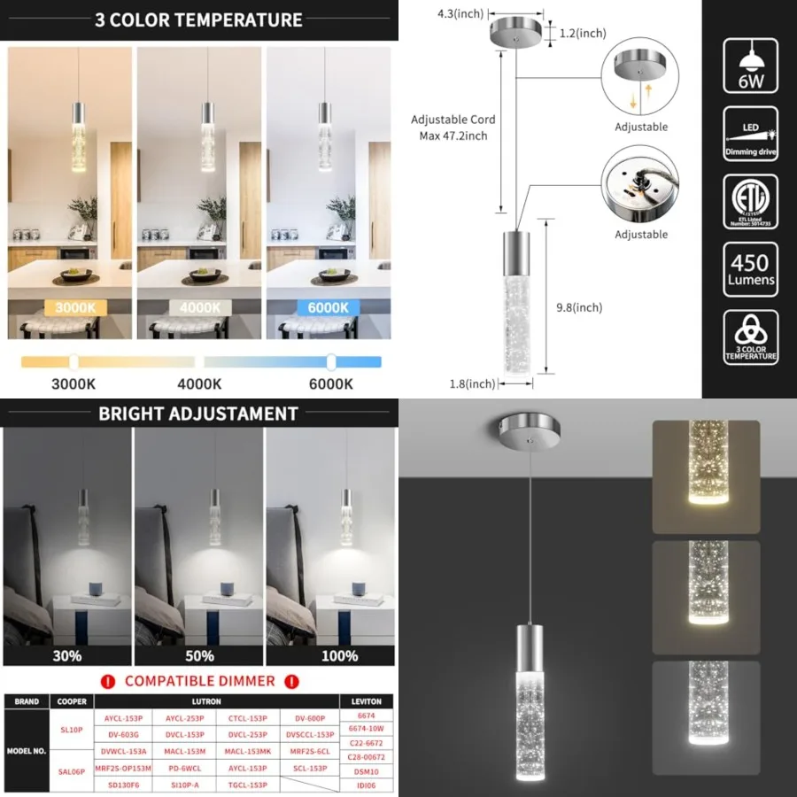 Modern Pendant Light, 3 Color LED Bubble Crystal Island Light Fixtures, Mini Pendant Lighting for Kitchen Island, Bar, 6W, 3000
Modern Pendant Light, 3 Color LED Bubble Crystal Island Light Fixtures, Mini Pendant Lighting for Kitchen Island, Bar, 6W, 3000