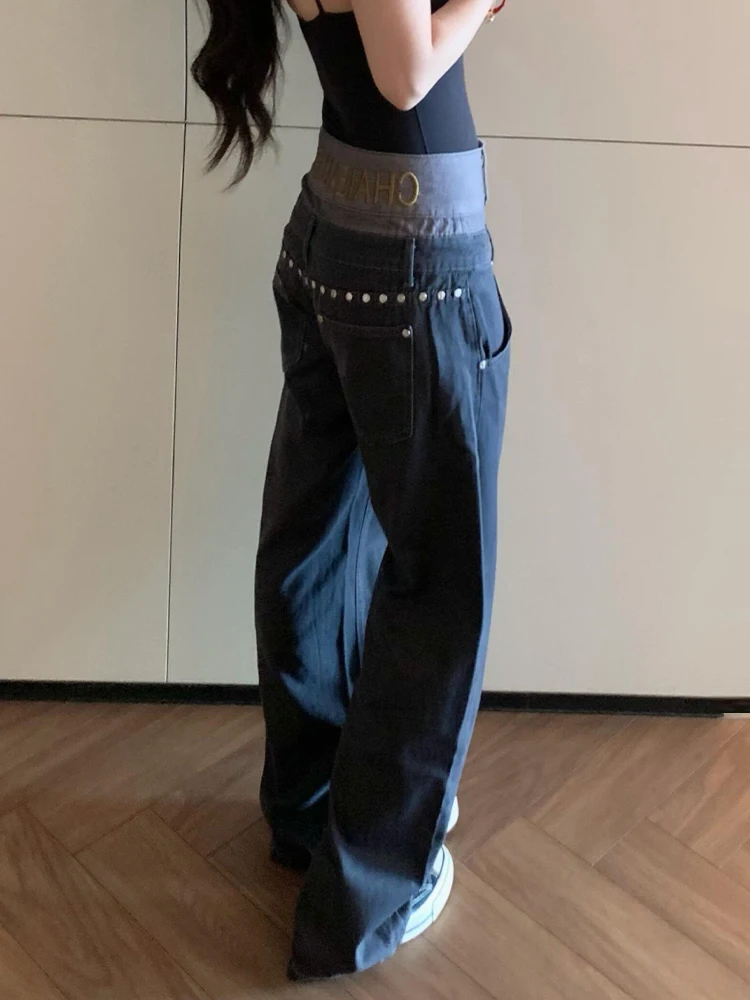 Retro American Splicing Rivet Denim Pants Women Summer Hot Girl Gold Lettering Design Long Floor-Length Loose Fit Jeans
Retro American Splicing Rivet Denim Pants Women Summer Hot Girl Gold Lettering Design Long Floor-Length Loose Fit Jeans
