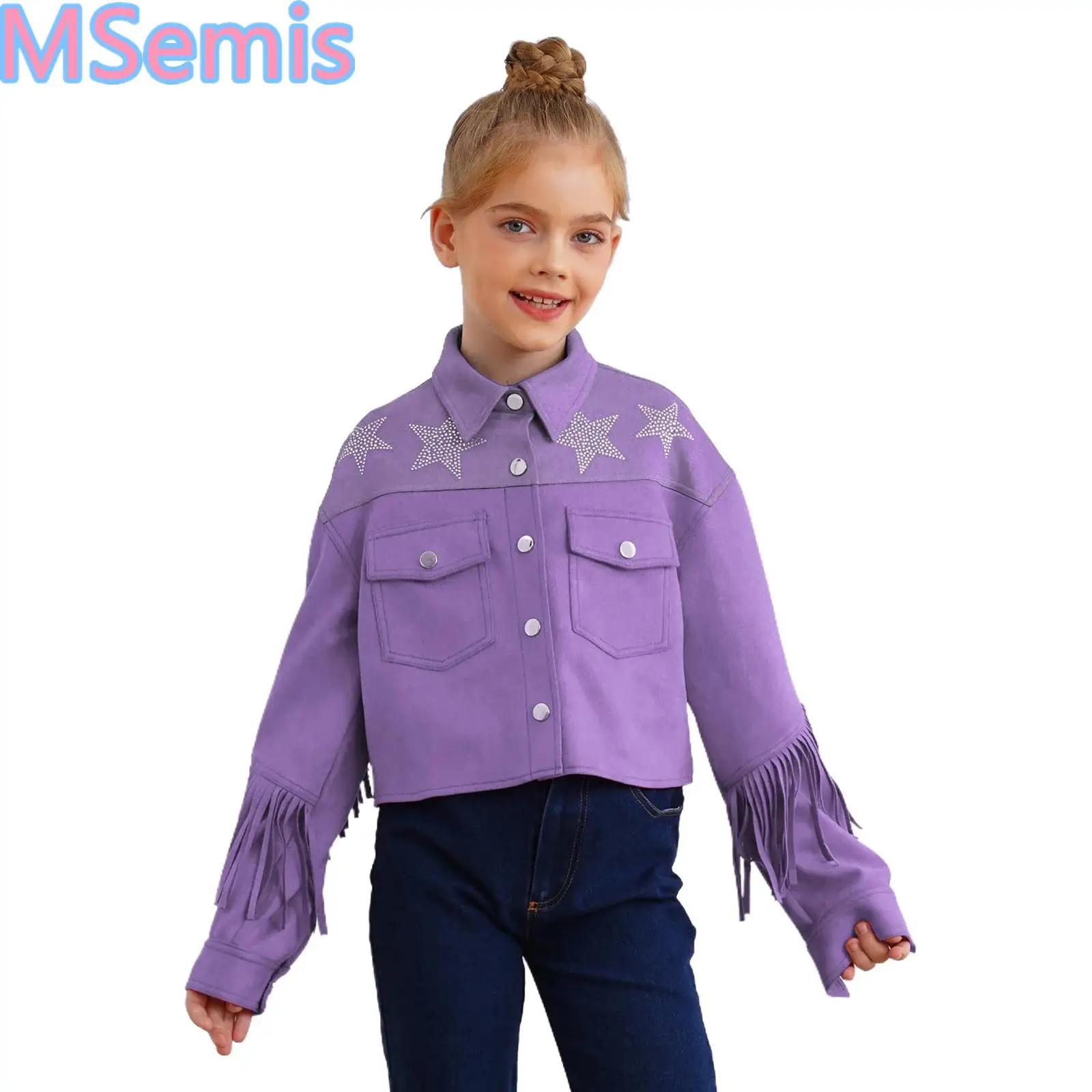 Kids Girls Tassels Jacket Turn-Down Collar Long Sleeve Outerwear Star Rhinestones Color Block Faux Suede Fringe Jacket
Kids Girls Tassels Jacket Turn-Down Collar Long Sleeve Outerwear Star Rhinestones Color Block Faux Suede Fringe Jacket
