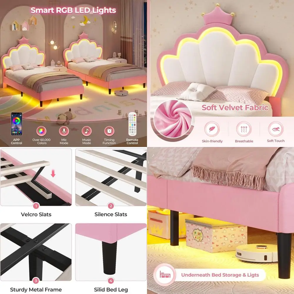 LED-lit Twin Bed with Velvet Upholstery, Adjustable Double Shell Headboard, and Pink Solid Wood Slat Support
LED-lit Twin Bed with Velvet Upholstery, Adjustable Double Shell Headboard, and Pink Solid Wood Slat Support