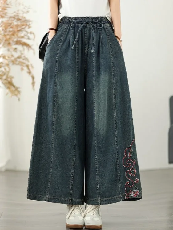 Широкие джинсы с вышивкой и высокой талией, этнические повседневные брюки с эффектом похудения, летние женские большие размеры 
Широкие джинсы с вышивкой и высокой талией, этнические повседневные брюки с эффектом похудения, летние женские большие размеры