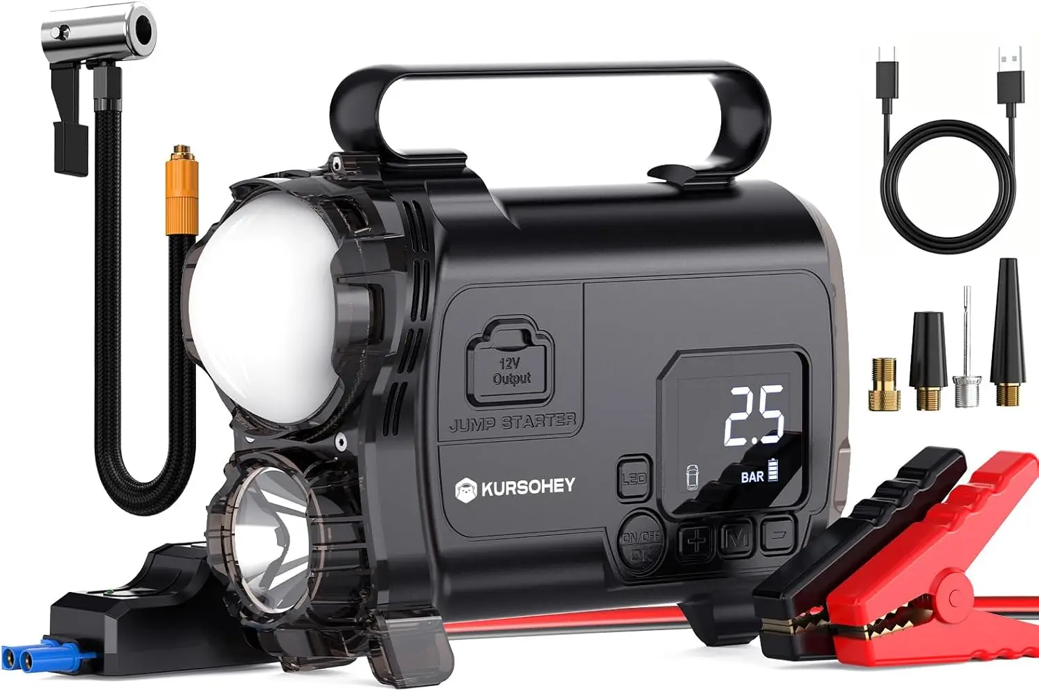 Jump Starter with Air Compressor, 6000A 12V Portable Jump Box for 9L Gas/7L Diesel, LED Light, 150 PSI, USB Power Bank, LED Disp
Jump Starter with Air Compressor, 6000A 12V Portable Jump Box for 9L Gas/7L Diesel, LED Light, 150 PSI, USB Power Bank, LED Disp