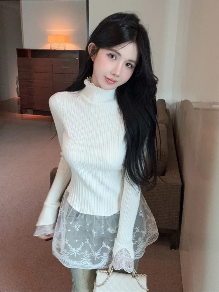Elegant Lace Splice Knitted Top Women's Autumn Winter Slimming Warm High Collar Base Layer Shirt Korean Style Thickened Long ...
Elegant Lace Splice Knitted Top Women's Autumn Winter Slimming Warm High Collar Base Layer Shirt Korean Style Thickened Long ...