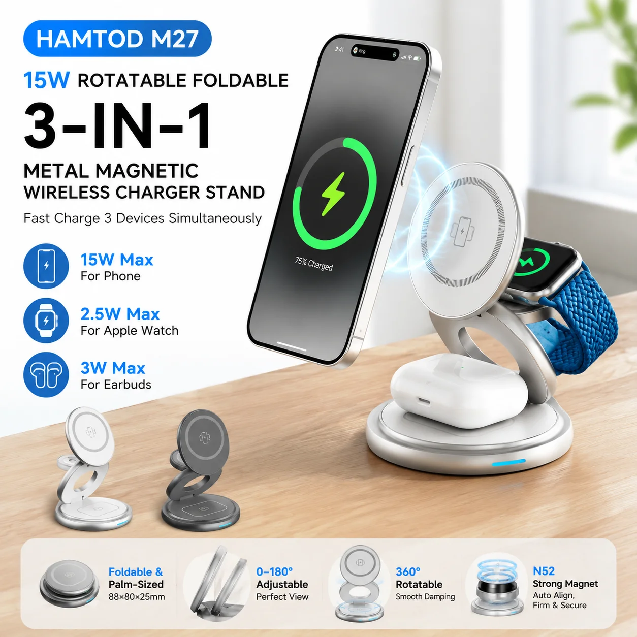 HAMTOD M27 15W Foldable Rotatable Wireless Charger Stand, 3-in-1 Metal Magnetic Dock for iPhone, Apple Watch, AirPods
HAMTOD M27 15W Foldable Rotatable Wireless Charger Stand, 3-in-1 Metal Magnetic Dock for iPhone, Apple Watch, AirPods