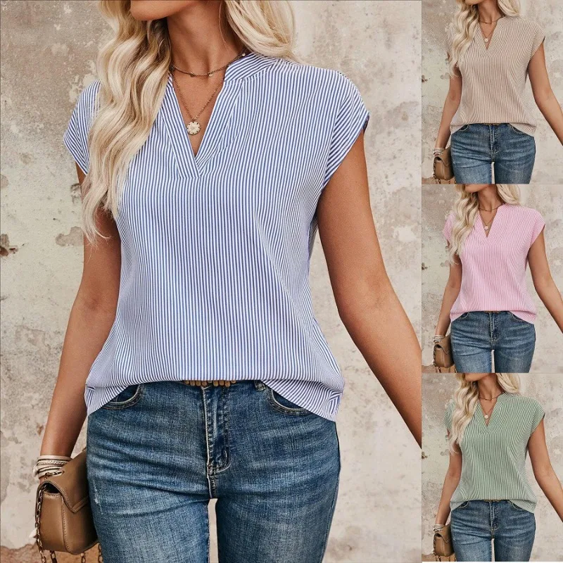 Women's fashion summer new V-neck striped short sleeved shirt casual top
Women's fashion summer new V-neck striped short sleeved shirt casual top