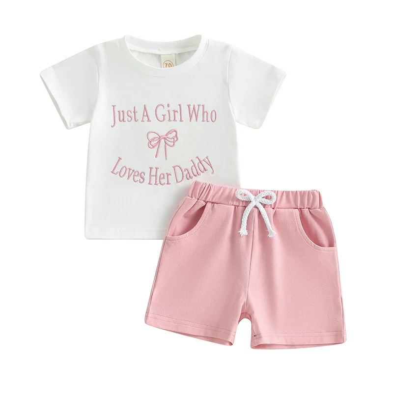 Baby Toddler Girl Shorts Set Bow Letter Embroidery Short Sleeve T-shirts Solid Elastic Waist Shorts 2 Piece Summer Outfit
Baby Toddler Girl Shorts Set Bow Letter Embroidery Short Sleeve T-shirts Solid Elastic Waist Shorts 2 Piece Summer Outfit