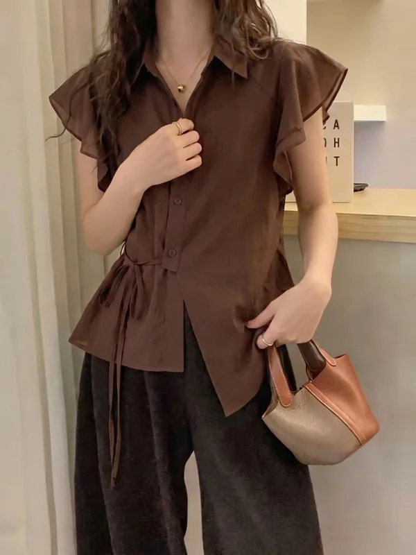 Chic Summer Shirt Women's Coffee Color Lace Sleeve Bow Tie Waist Slimming Top Korean Style Loose Fit Short Sleeve Blouse
Chic Summer Shirt Women's Coffee Color Lace Sleeve Bow Tie Waist Slimming Top Korean Style Loose Fit Short Sleeve Blouse