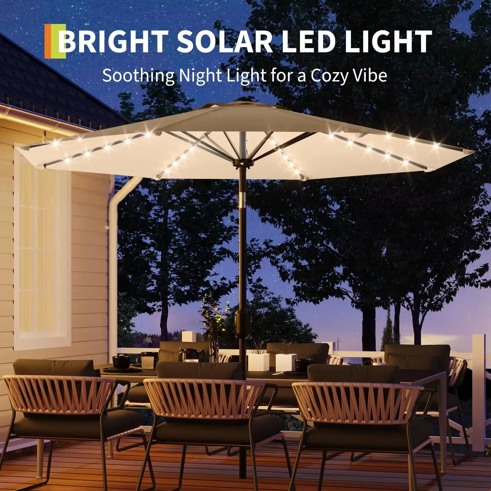 10 ft Patio Umbrella with Solar Lights, 8 Ribs Outdoor Market Table Umbrella with 40 LED Lights & Tilt Crank for Pool, Deck, Backyard (Tan)
10 ft Patio Umbrella with Solar Lights, 8 Ribs Outdoor Market Table Umbrella with 40 LED Lights & Tilt Crank for Pool, Deck, Backyard (Tan)