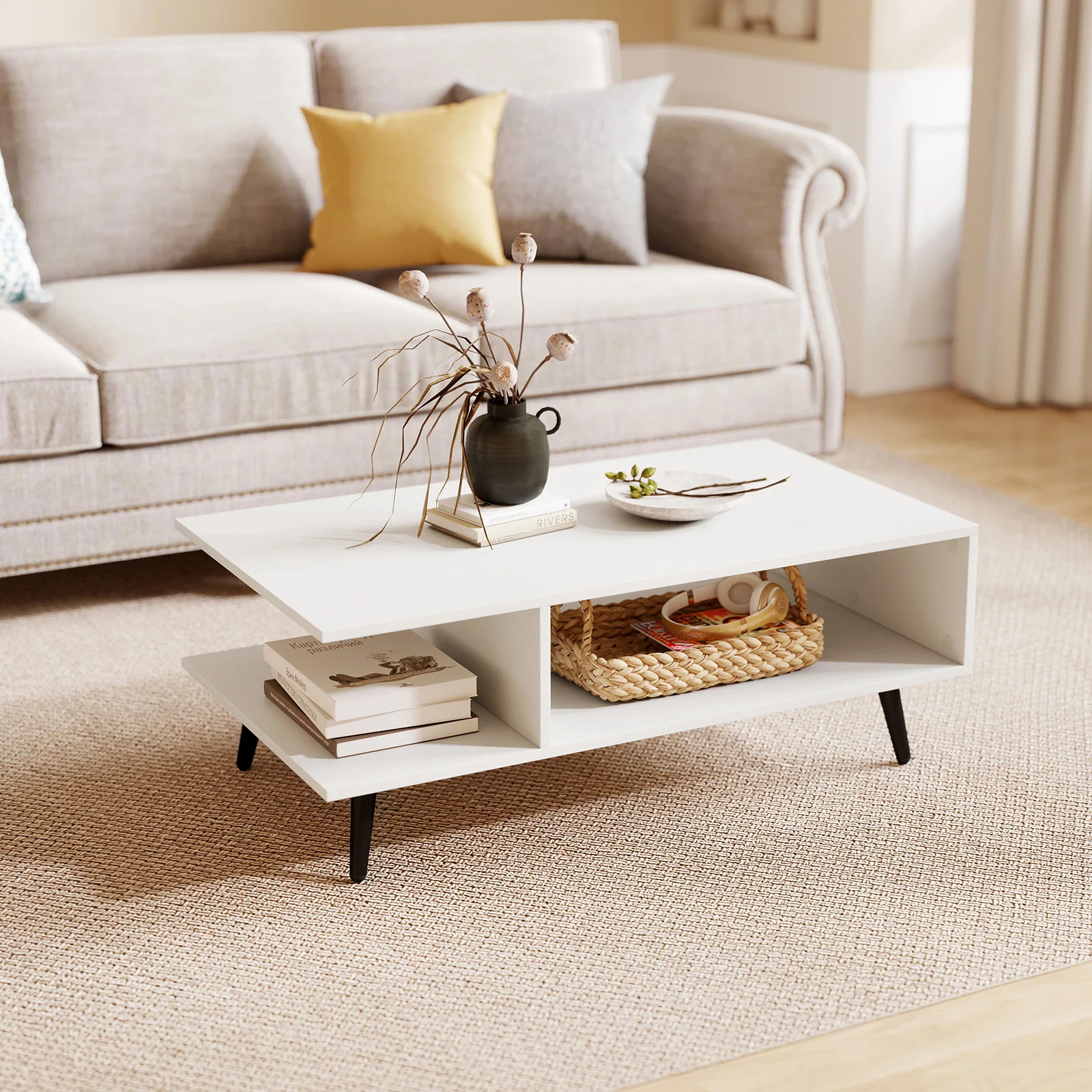 Mid-Century Modern Coffee Table & 2-Tier Accent Table with 2 Open Compartments - Steel Storage Center Table
Mid-Century Modern Coffee Table & 2-Tier Accent Table with 2 Open Compartments - Steel Storage Center Table