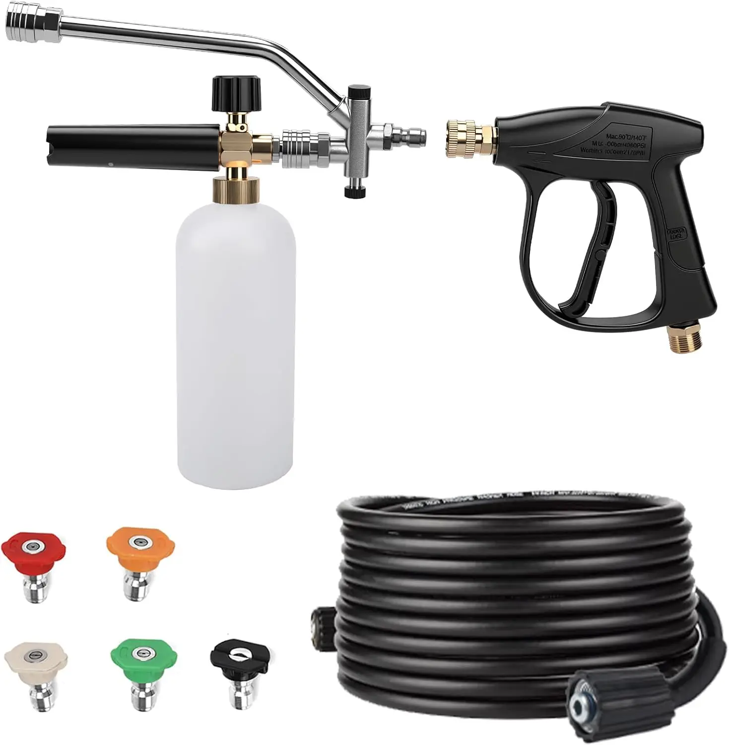Pressure Washer Gun with Foam Cannon, 26ft Hose, 5800 PSI, 5 Nozzles, Quick Connect & M22 Fittings
Pressure Washer Gun with Foam Cannon, 26ft Hose, 5800 PSI, 5 Nozzles, Quick Connect & M22 Fittings