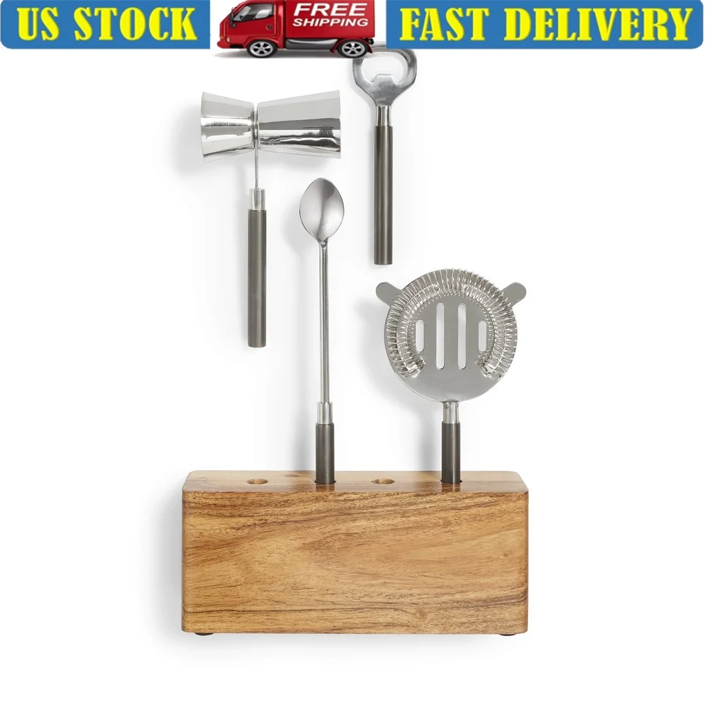 5-Piece Stainless Steel Bar Tool Set with Wooden Stand Home Cocktail Mixing and Entertaining Accessories
5-Piece Stainless Steel Bar Tool Set with Wooden Stand Home Cocktail Mixing and Entertaining Accessories
