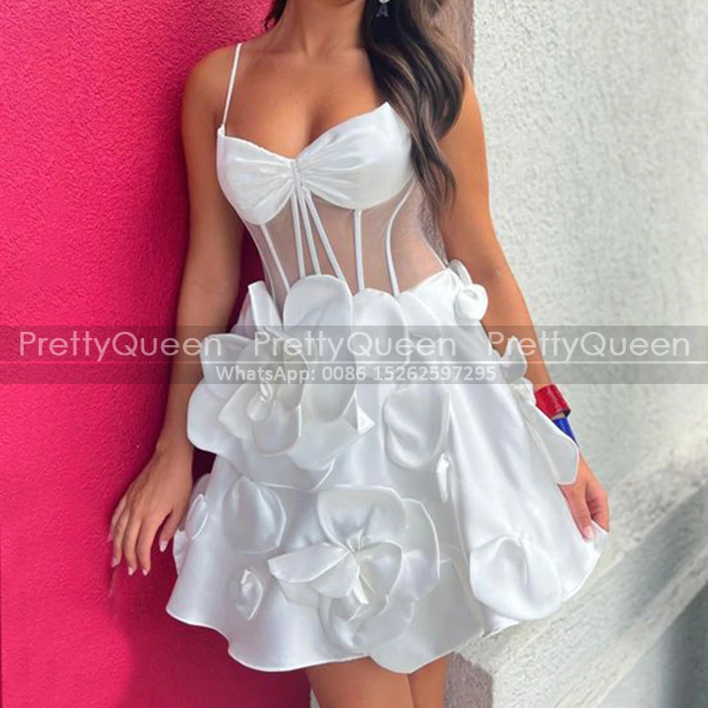 Sexy A Line Short Prom Dresses Customized Flowers Transparent Waist Spaghetti Strap White Satin Mini Party Dress Formal Gown
Sexy A Line Short Prom Dresses Customized Flowers Transparent Waist Spaghetti Strap White Satin Mini Party Dress Formal Gown