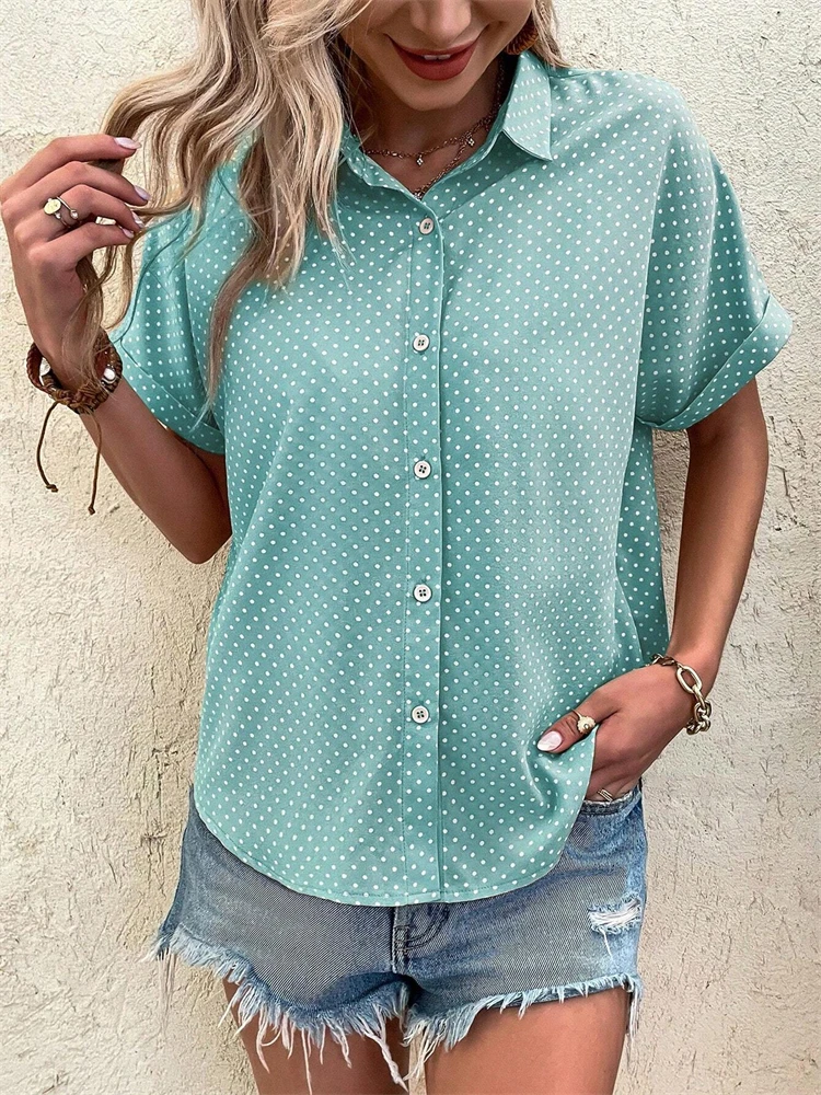 Summer Ladies Casual Comfortable Lapel Short Sleeve Shirt Simple Spot Print Hawaii Travel Ladies Shirt Casual Home Clothing
Summer Ladies Casual Comfortable Lapel Short Sleeve Shirt Simple Spot Print Hawaii Travel Ladies Shirt Casual Home Clothing