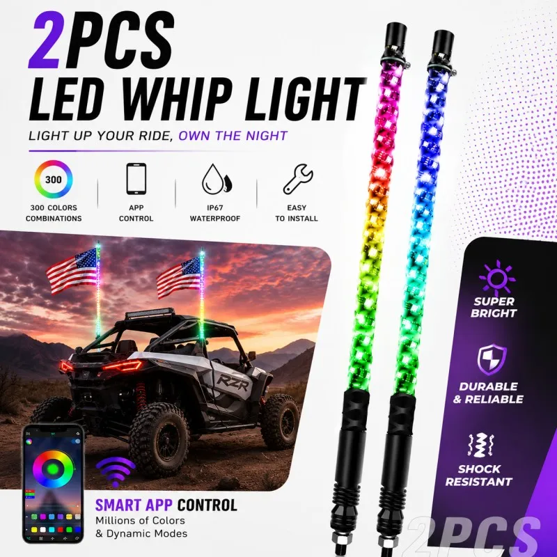 Dual Control RGB LED Flag Pole Lights APP & Remote Controlled Chasing Whip Lights for Off Road UTV ATV SUV Pickup Truck
Dual Control RGB LED Flag Pole Lights APP & Remote Controlled Chasing Whip Lights for Off Road UTV ATV SUV Pickup Truck