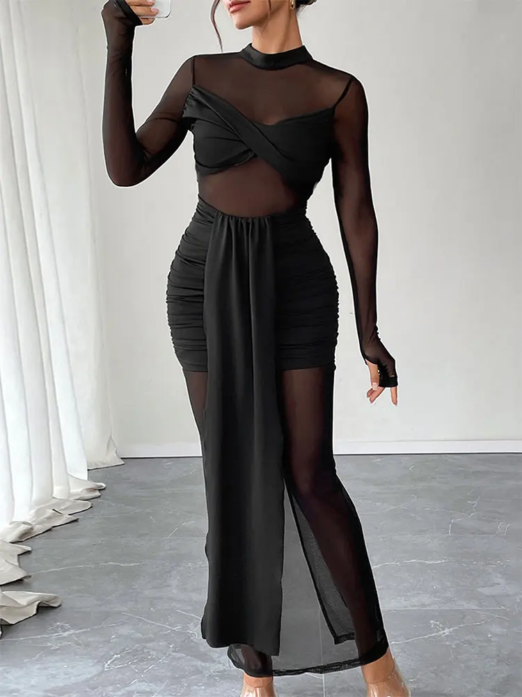 Black Sexy Women Dresses Summer Streetwear Fashion Button O-Neck Long Sleeves Dress Sexy See Through Backless Lady Split Dresses
Black Sexy Women Dresses Summer Streetwear Fashion Button O-Neck Long Sleeves Dress Sexy See Through Backless Lady Split Dresses
