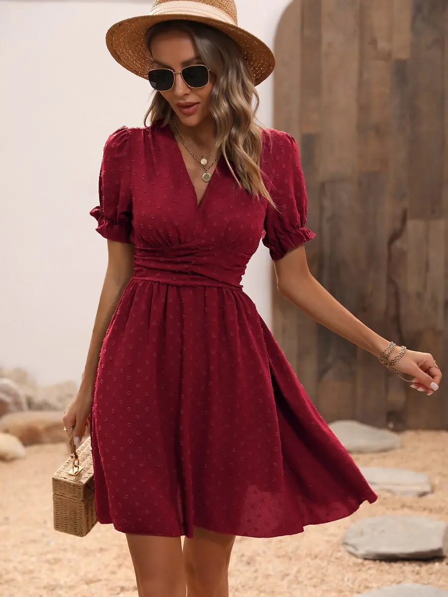 Red Swiss Dot Puff Sleeve Wrap Dress With Ruched Waist
Red Swiss Dot Puff Sleeve Wrap Dress With Ruched Waist