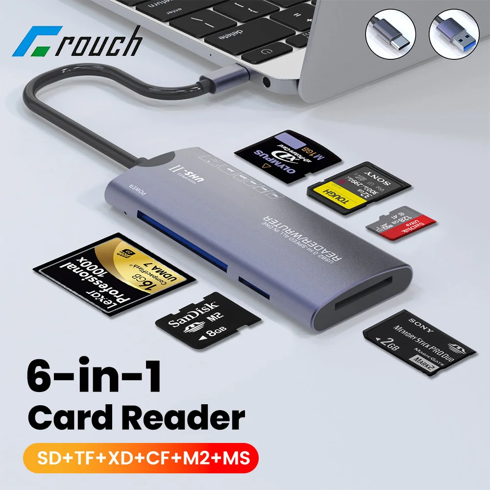 Адаптер устройства чтения карт 6-в-1 Высокоскоростная передача данных USB2.0/Type C2.0 к SD TF XD CF M2 MS Устройство чтения карт памяти для ПК Аксессуары для ноутбуков
Адаптер устройства чтения карт 6-в-1 Высокоскоростная передача данных USB2.0/Type C2.0 к SD TF XD CF M2 MS Устройство чтения карт памяти для ПК Аксессуары для ноутбуков