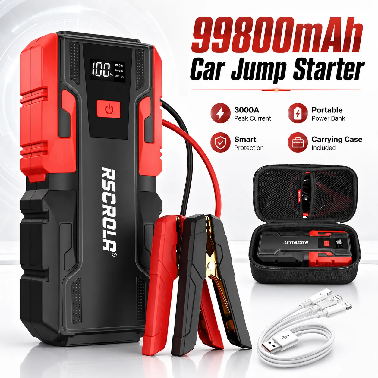 12V 99800mAh Portable Car Jump Starter Battery Booster Pack with Digital Display, Heavy-Duty Clamps & Carry Case
12V 99800mAh Portable Car Jump Starter Battery Booster Pack with Digital Display, Heavy-Duty Clamps & Carry Case