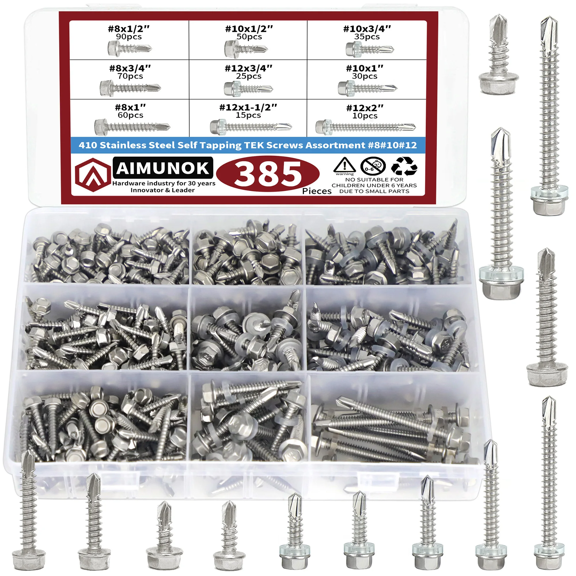 385Pcs 410 Stainless Steel Self - Tapping Tek Screws Assortment Kit, Include #8 #10 #12 Sizes, for Industrial & DIY Projects
385Pcs 410 Stainless Steel Self - Tapping Tek Screws Assortment Kit, Include #8 #10 #12 Sizes, for Industrial & DIY Projects